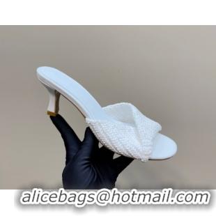 Good Product Bottega Veneta Blink Mid Heel Slides Sandal 6.5cm in Crochet Raffia Straw White 0428081