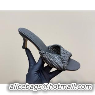 Charming Bottega Veneta Blink Mid Heel Slides Sandal 6.5cm in Crochet Raffia Straw Black 0428082