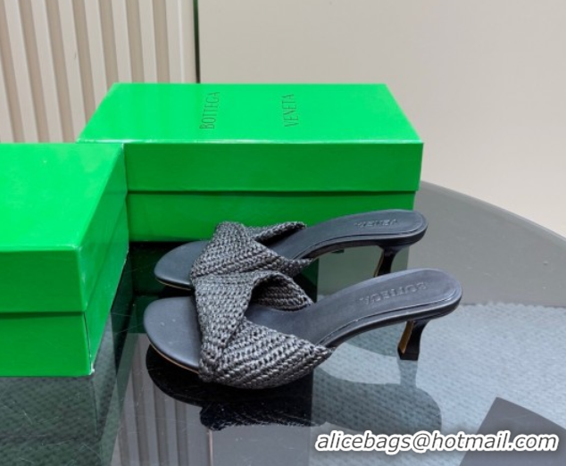 Charming Bottega Veneta Blink Mid Heel Slides Sandal 6.5cm in Crochet Raffia Straw Black 0428082