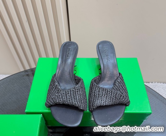 Charming Bottega Veneta Blink Mid Heel Slides Sandal 6.5cm in Crochet Raffia Straw Black 0428082
