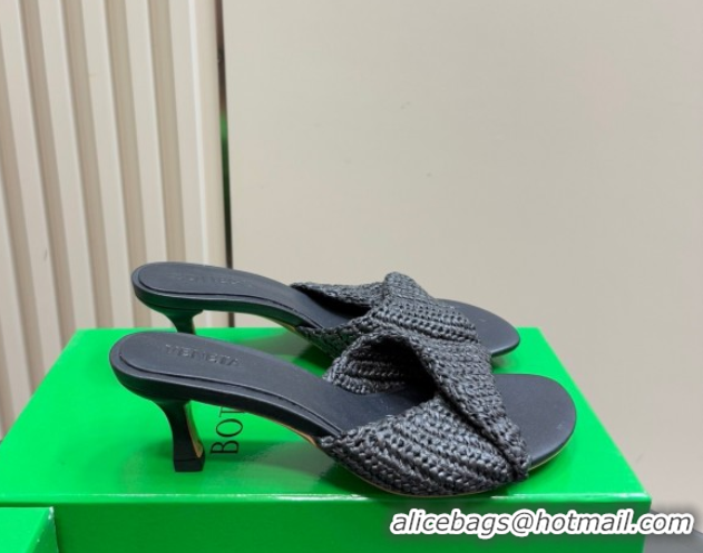 Charming Bottega Veneta Blink Mid Heel Slides Sandal 6.5cm in Crochet Raffia Straw Black 0428082
