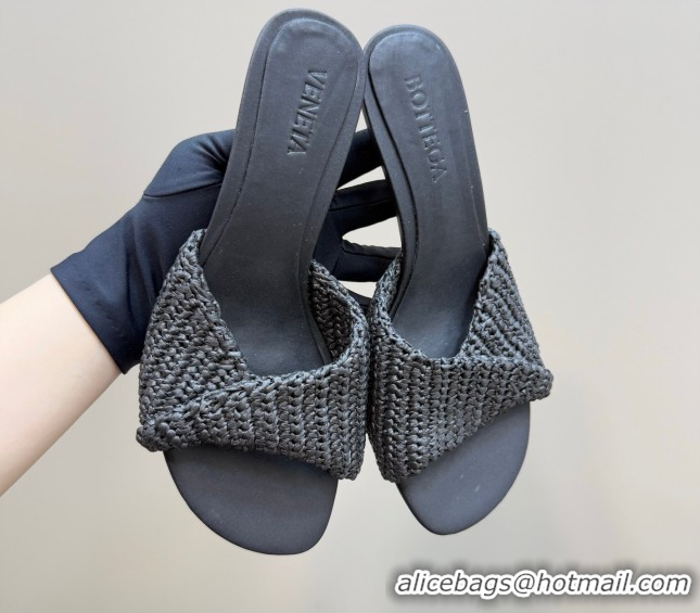 Charming Bottega Veneta Blink Mid Heel Slides Sandal 6.5cm in Crochet Raffia Straw Black 0428082