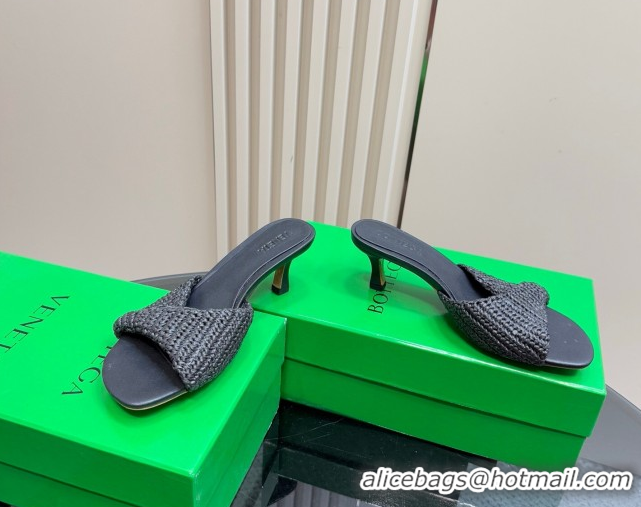 Charming Bottega Veneta Blink Mid Heel Slides Sandal 6.5cm in Crochet Raffia Straw Black 0428082