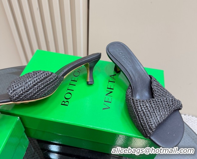 Charming Bottega Veneta Blink Mid Heel Slides Sandal 6.5cm in Crochet Raffia Straw Black 0428082