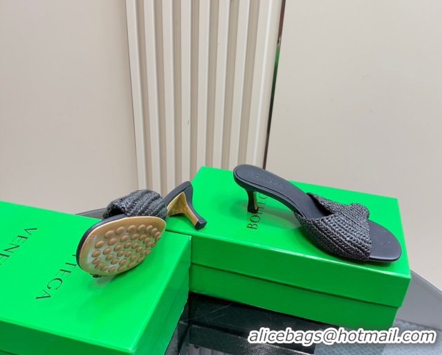 Charming Bottega Veneta Blink Mid Heel Slides Sandal 6.5cm in Crochet Raffia Straw Black 0428082