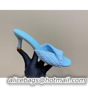 Stylish Bottega Veneta Blink Mid Heel Slides Sandal 6.5cm in Crochet Raffia Straw Blue 0428083
