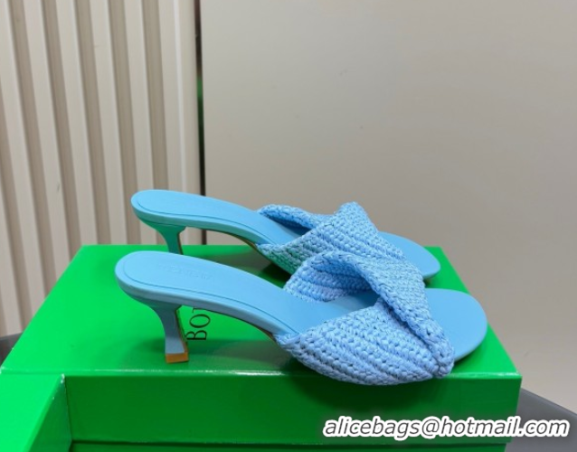 Stylish Bottega Veneta Blink Mid Heel Slides Sandal 6.5cm in Crochet Raffia Straw Blue 0428083