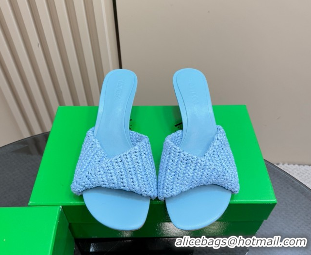 Stylish Bottega Veneta Blink Mid Heel Slides Sandal 6.5cm in Crochet Raffia Straw Blue 0428083