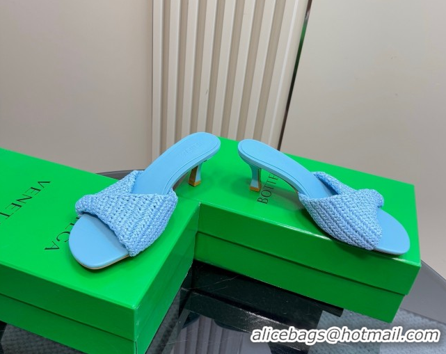 Stylish Bottega Veneta Blink Mid Heel Slides Sandal 6.5cm in Crochet Raffia Straw Blue 0428083