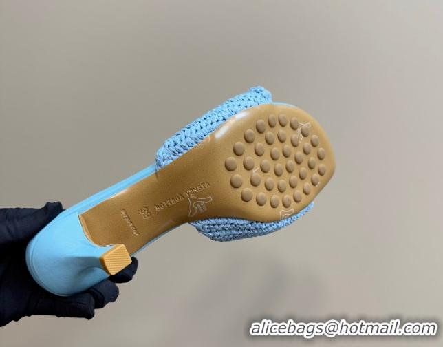 Stylish Bottega Veneta Blink Mid Heel Slides Sandal 6.5cm in Crochet Raffia Straw Blue 0428083