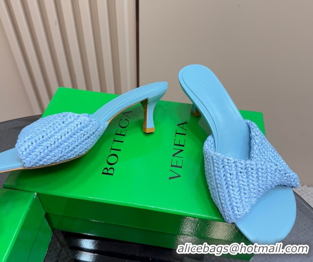 Stylish Bottega Veneta Blink Mid Heel Slides Sandal 6.5cm in Crochet Raffia Straw Blue 0428083