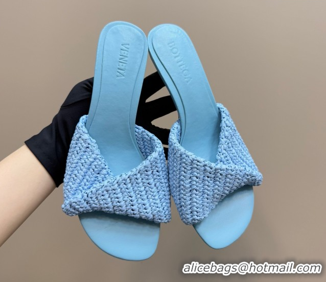 Stylish Bottega Veneta Blink Mid Heel Slides Sandal 6.5cm in Crochet Raffia Straw Blue 0428083