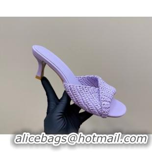 Trendy Design Bottega Veneta Blink Mid Heel Slides Sandal 6.5cm in Crochet Raffia Straw Purple 0428084
