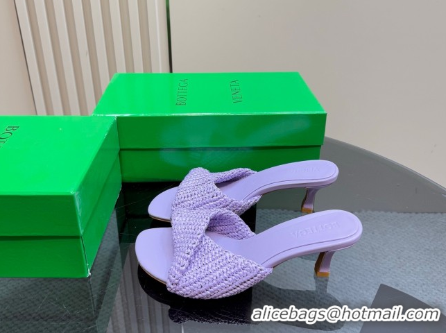 Trendy Design Bottega Veneta Blink Mid Heel Slides Sandal 6.5cm in Crochet Raffia Straw Purple 0428084