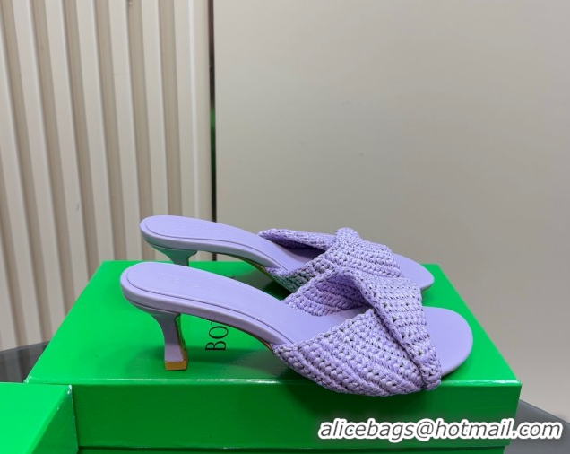 Trendy Design Bottega Veneta Blink Mid Heel Slides Sandal 6.5cm in Crochet Raffia Straw Purple 0428084