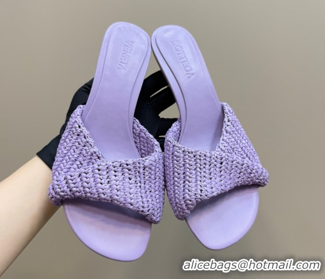 Trendy Design Bottega Veneta Blink Mid Heel Slides Sandal 6.5cm in Crochet Raffia Straw Purple 0428084