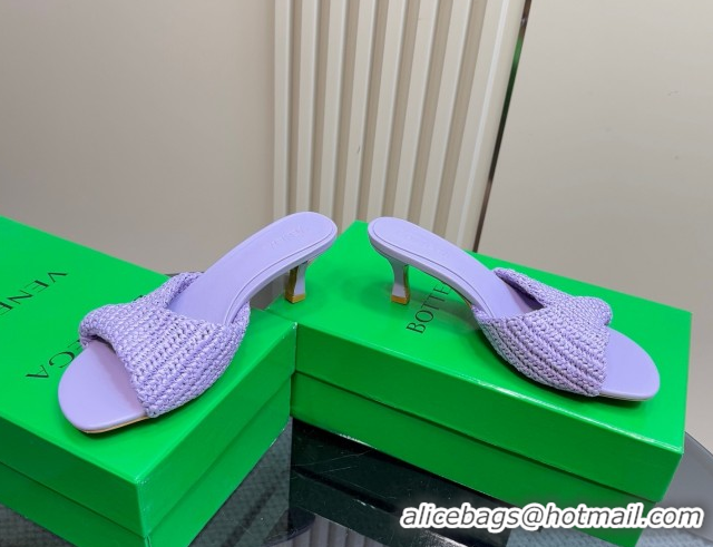 Trendy Design Bottega Veneta Blink Mid Heel Slides Sandal 6.5cm in Crochet Raffia Straw Purple 0428084