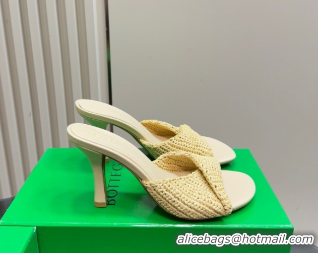 Sophisticated Bottega Veneta Blink High Heel Slides Sandal 9cm in Crochet Raffia Straw Beige 0428085