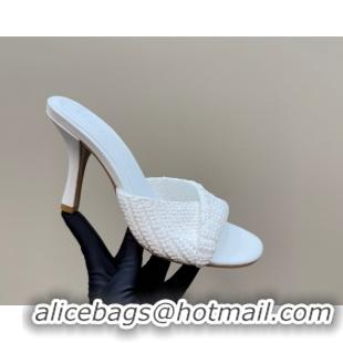 Hot Style Bottega Veneta Blink High Heel Slides Sandal 9cm in Crochet Raffia Straw White 0428086