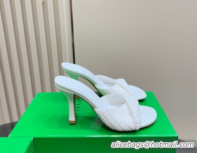 Hot Style Bottega Veneta Blink High Heel Slides Sandal 9cm in Crochet Raffia Straw White 0428086
