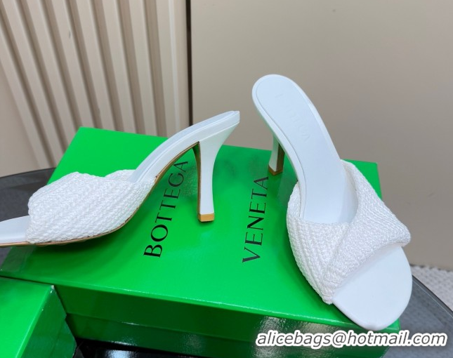 Hot Style Bottega Veneta Blink High Heel Slides Sandal 9cm in Crochet Raffia Straw White 0428086