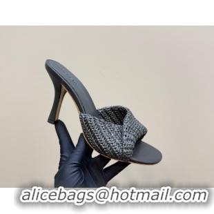Grade Bottega Veneta Blink High Heel Slides Sandal 9cm in Crochet Raffia Straw Black 0428087