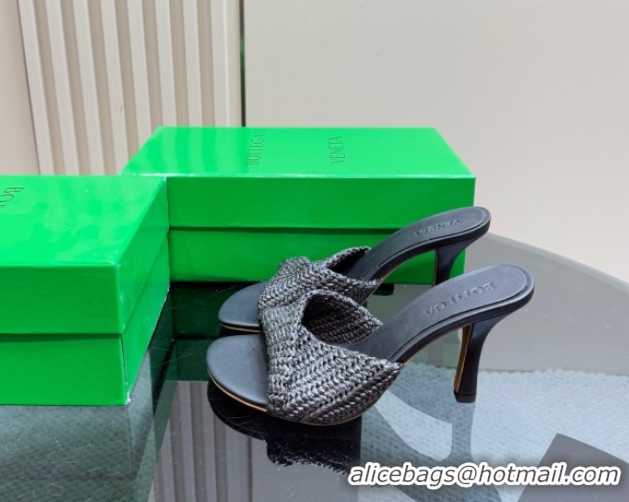 Grade Bottega Veneta Blink High Heel Slides Sandal 9cm in Crochet Raffia Straw Black 0428087