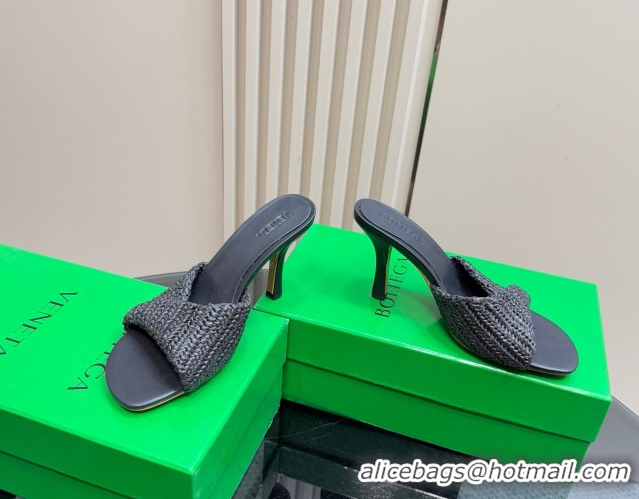 Grade Bottega Veneta Blink High Heel Slides Sandal 9cm in Crochet Raffia Straw Black 0428087