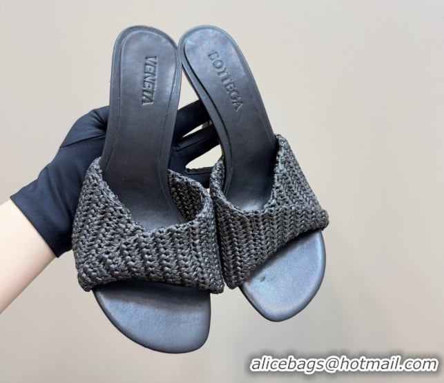 Grade Bottega Veneta Blink High Heel Slides Sandal 9cm in Crochet Raffia Straw Black 0428087