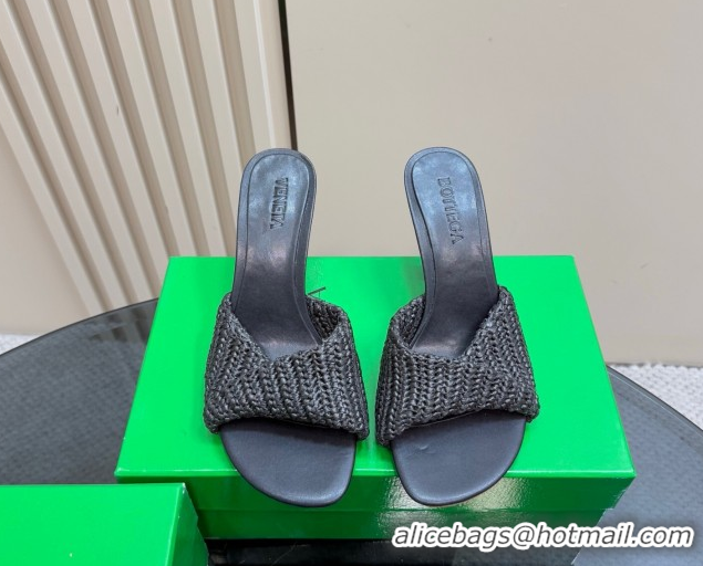Grade Bottega Veneta Blink High Heel Slides Sandal 9cm in Crochet Raffia Straw Black 0428087