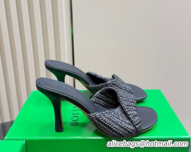 Grade Bottega Veneta Blink High Heel Slides Sandal 9cm in Crochet Raffia Straw Black 0428087