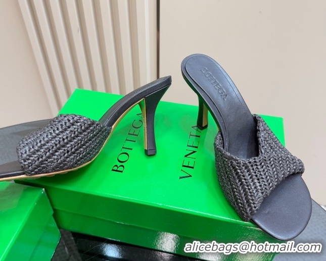 Grade Bottega Veneta Blink High Heel Slides Sandal 9cm in Crochet Raffia Straw Black 0428087
