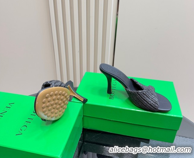Grade Bottega Veneta Blink High Heel Slides Sandal 9cm in Crochet Raffia Straw Black 0428087