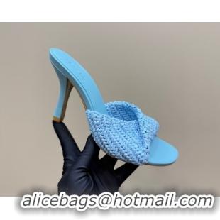 Perfect Bottega Veneta Blink High Heel Slides Sandal 9cm in Crochet Raffia Straw Blue 0428088