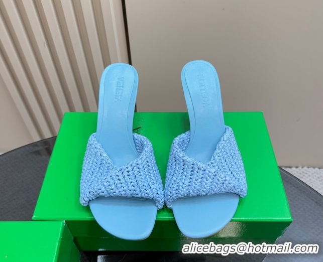 Perfect Bottega Veneta Blink High Heel Slides Sandal 9cm in Crochet Raffia Straw Blue 0428088