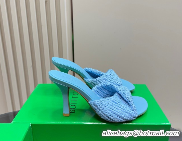 Perfect Bottega Veneta Blink High Heel Slides Sandal 9cm in Crochet Raffia Straw Blue 0428088