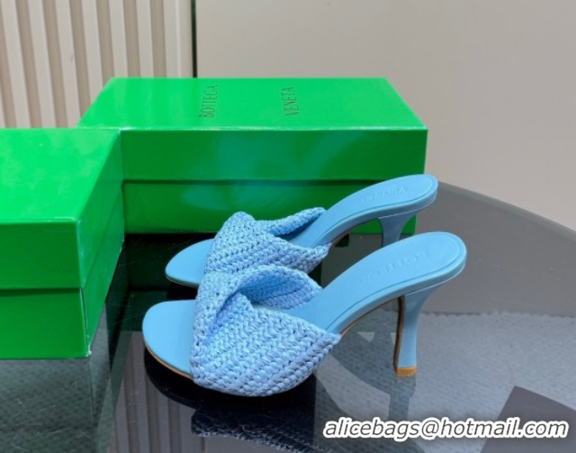 Perfect Bottega Veneta Blink High Heel Slides Sandal 9cm in Crochet Raffia Straw Blue 0428088