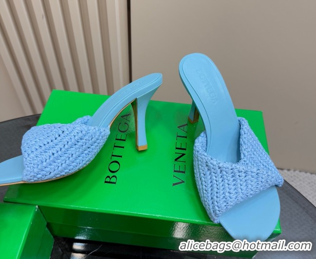 Perfect Bottega Veneta Blink High Heel Slides Sandal 9cm in Crochet Raffia Straw Blue 0428088