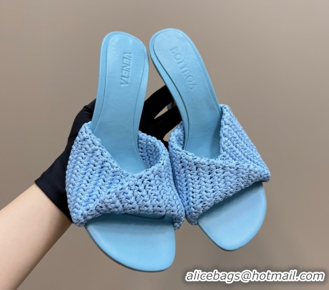 Perfect Bottega Veneta Blink High Heel Slides Sandal 9cm in Crochet Raffia Straw Blue 0428088