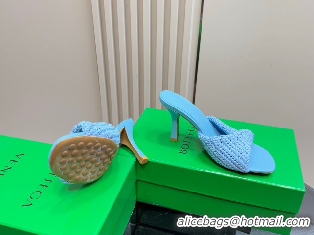 Perfect Bottega Veneta Blink High Heel Slides Sandal 9cm in Crochet Raffia Straw Blue 0428088