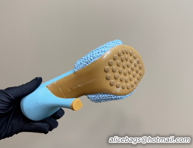 Perfect Bottega Veneta Blink High Heel Slides Sandal 9cm in Crochet Raffia Straw Blue 0428088