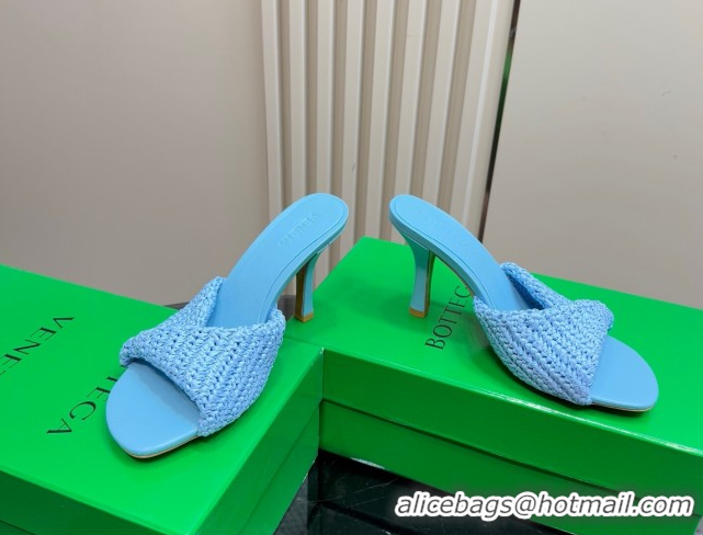 Perfect Bottega Veneta Blink High Heel Slides Sandal 9cm in Crochet Raffia Straw Blue 0428088