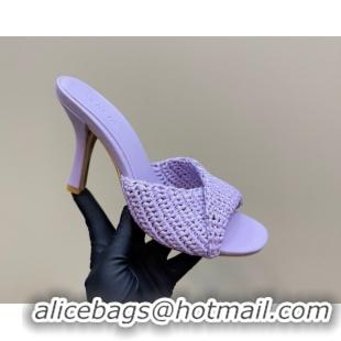 Sumptuous Bottega Veneta Blink High Heel Slides Sandal 9cm in Crochet Raffia Straw Purple 0428089