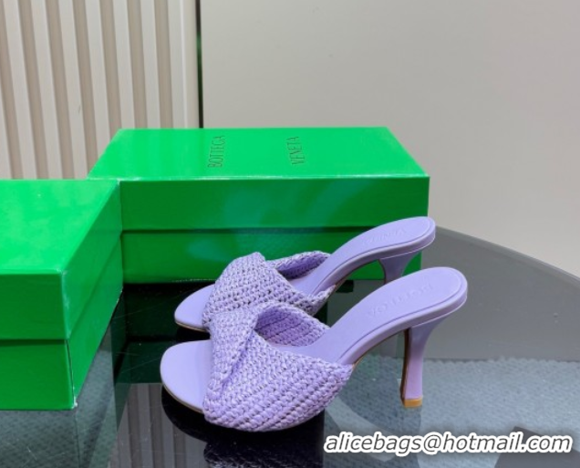 Sumptuous Bottega Veneta Blink High Heel Slides Sandal 9cm in Crochet Raffia Straw Purple 0428089
