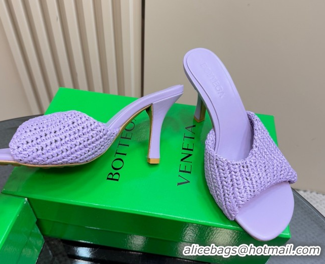 Sumptuous Bottega Veneta Blink High Heel Slides Sandal 9cm in Crochet Raffia Straw Purple 0428089
