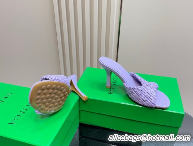 Sumptuous Bottega Veneta Blink High Heel Slides Sandal 9cm in Crochet Raffia Straw Purple 0428089
