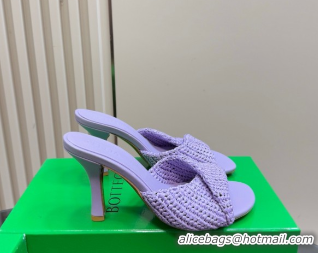 Sumptuous Bottega Veneta Blink High Heel Slides Sandal 9cm in Crochet Raffia Straw Purple 0428089