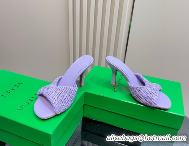 Sumptuous Bottega Veneta Blink High Heel Slides Sandal 9cm in Crochet Raffia Straw Purple 0428089