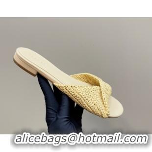Best Grade Bottega Veneta Blink Flat Slides Sandal in Crochet Raffia Straw Beige 428090