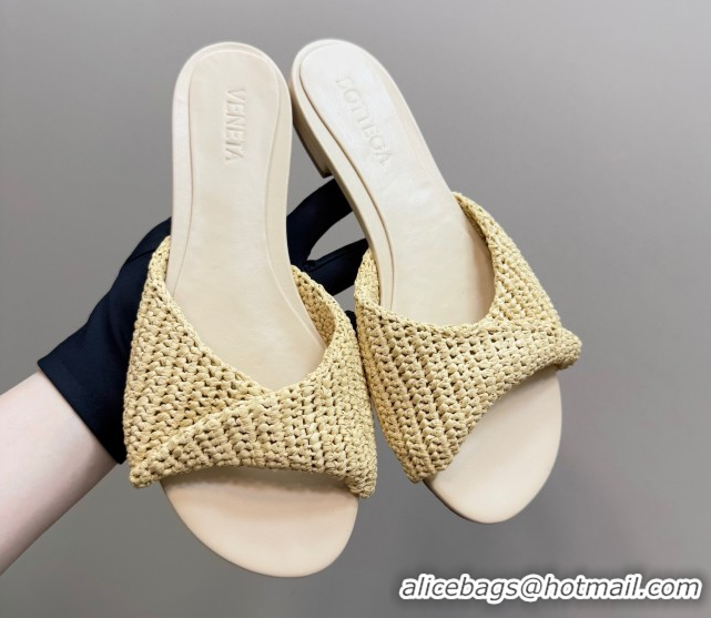 Best Grade Bottega Veneta Blink Flat Slides Sandal in Crochet Raffia Straw Beige 428090